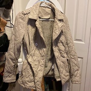 Cream colored faux leather jacket with belt. Worn once, like new. Size S.